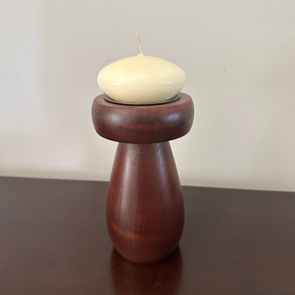 1970s Mid Century Modern Wood Mushroom Shaped Candle Holder 6.5"